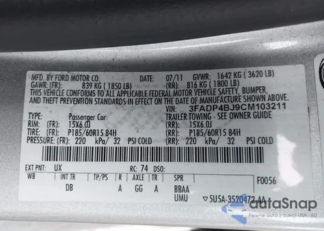 2012 Ford Fiesta Se из США, поврежденный, VIN 3FADP4BJ9CM103211